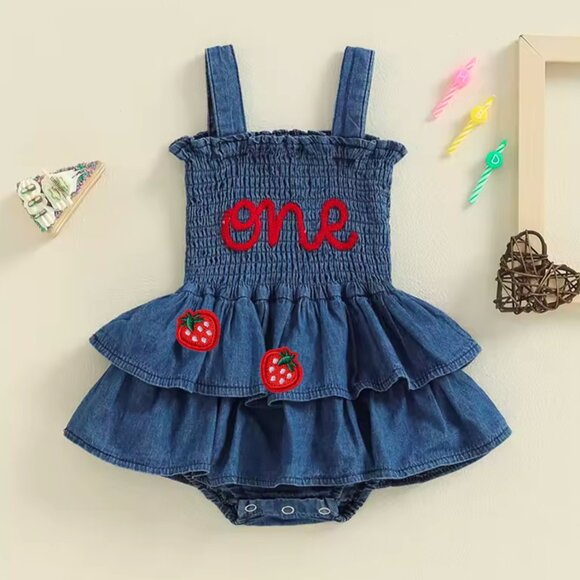 Denim Girl Dress First Birthday clothes Strawberries outfit Berries Dress